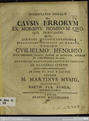 Dissertatio Moralis De Causis Errorum Ex Moribus Hominum Quoque Derivandis