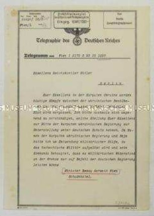 Telegramm des karpatoukrainischen Ministers Revay an Hitler mit der Bitte um militärische Hilfe gegen die ungarische Besetzung