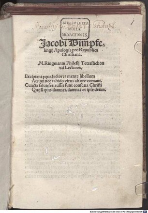 Jacobi Wimpfelingij Apologia pro Republica Christiana ...