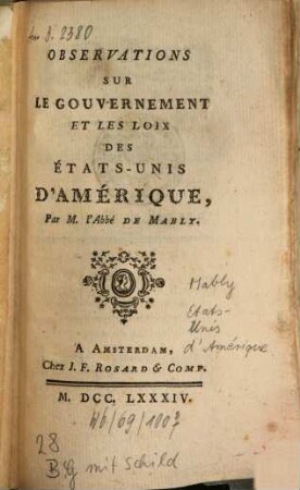 Observations sur le gouvernement ... des Etats-unis d'Amerique
