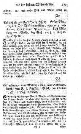 Betrachtungen über Malerey, Ton- und Bildhauerkunst.