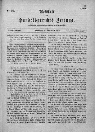 Beiblatt zur hamburgischen Handelsgerichts-Zeitung No. 36. Neunter Jahrgang. Hamburg, 9. September 1876.