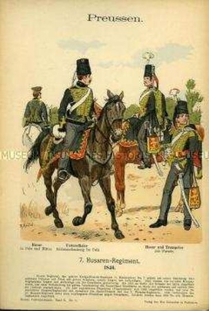 Uniformdarstellung, Husaren, Unteroffizier und Trompeter des 7. Husaren-Regiments, Königreich Preußen, 1846.