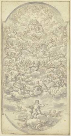 Heilige von vielen Engeln auf Wolken in den Himmel getragen, Gottvater, umgeben von den Helden des Alten und den Heiligen des Neuen Testaments, empfängt sie