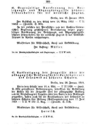 Ausfertigung der Zeugnisse über die pädagogische Prüfung für die Kandidatinnen des Lehramts an höheren Schulen : [F. Höhere Lehranstalten für die weibliche Jugend]