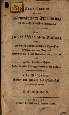 Nachricht von der Einrichtung des Berlinisch-Köln. Gymnasiums