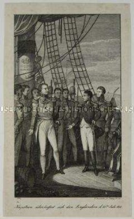 Napoleon ergibt sich den Engländern nach der Schlacht bei Waterloo am 15. Juli 1815