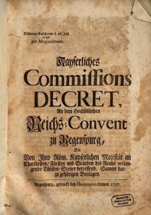 Kayserliches Commissions Decret die Türken-Steuer betr.