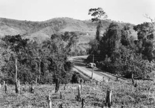 Hügellandschaft : Hügelige Landschaft bei Piracicaba. Im Vordergrund Baumstümpfe, im Mittelgrund Baumgruppen, die durch eine Straße getrennt werden, dahinter Hügel mit Grasland.