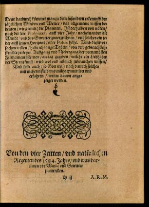 Von den vier Zeitten/ und natürlichen Regenten des 1584. Jahrs/ und was darinnen vor Winde und Gewitter zu mercken.