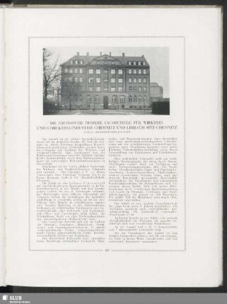 Die Sächsische Höhere Fachschule Für Wirkerei- Und Stickerei-Industrie Chemnitz Und Limbach Sitz Chemnitz