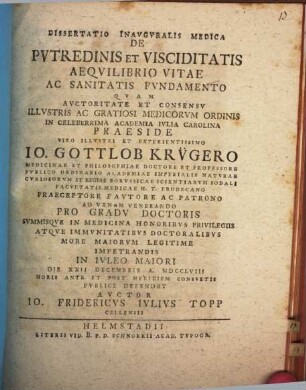 Dissertatio inauguralis medica de putredinis et visciditatis aequilibrio vitae ac sanitatis fundamento