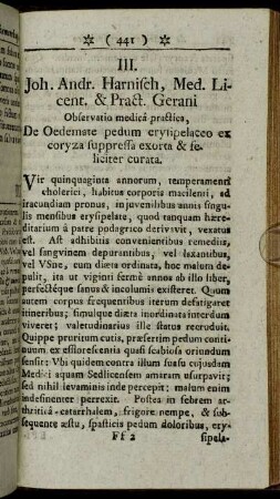 III. Joh. Andr. Harnisch,..De Oedemate pedum erysipelaceo ex coryza suppressa exorta & feliciter curata.