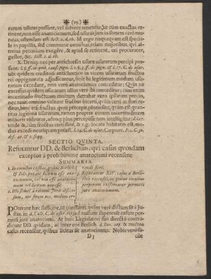 Sectio Quinta. Refutantur DD. & Berlichius, qui casus quosdam exceptos a prohibitione anatocismi recensent.