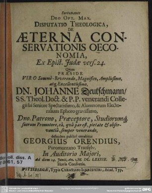 Disputatio theologica de aeterna conservationis oeconomia ex epist. Judae vers. 24