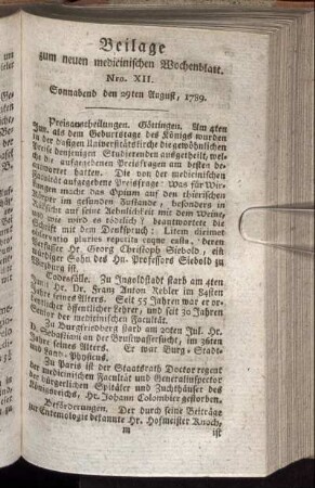 Beilage zum neuen medicinischen Wochenblatt. Nro. XII. Sonnabend den 29ten August, 1789.