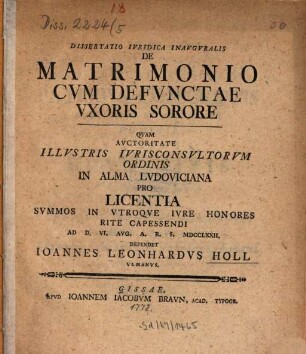 Dissertatio iuridica inauguralis de matrimonio cum defunctae uxoris sorore
