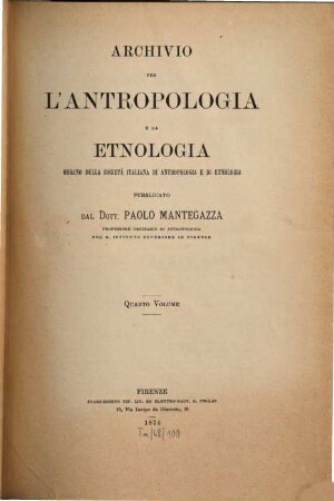 Archivio per l'antropologia e la etnologia. 4, 4. 1874