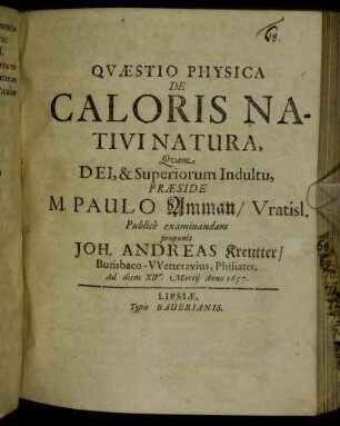 Quaestio Physica De Caloris Nativi Natura