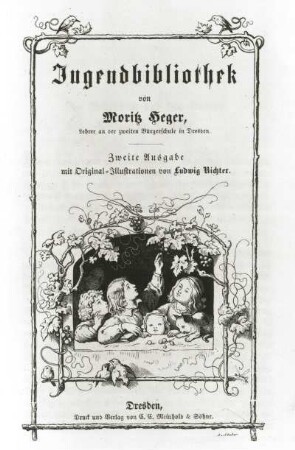 Titelblatt mit Kindern am Fenster zu M. Heger "Jugendbibliothek" (2. Ausgabe) : Titelblatt mit Kindern am Fenster zu M. Heger "Jugendbibliothek" (2. Ausgabe). Holzschnitt (1852; A. Gaber nach L. Richter). Dresden: Kupferstich-Kabinett B 605, ky1