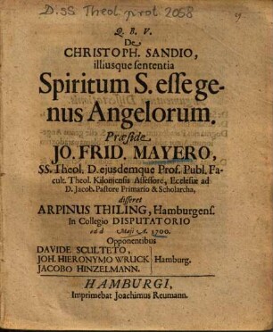 De Christoph. Sandio, illiusque sententia Spiritum S. esse genus Angelorum