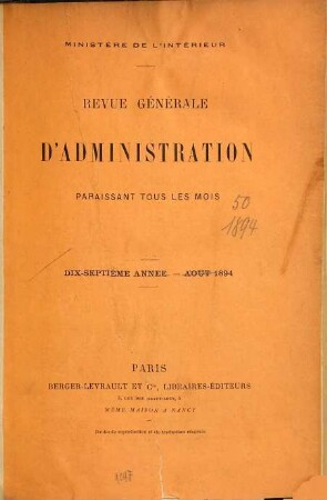 Revue générale d'administration. 50. 1894 = Mai - Aug.