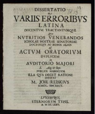 Dissertatio De Variis Erroribus Latina Discentum Tractantumque