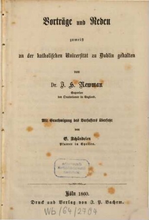 Sammlung von klassischen Werken der neuern katholischen Literatur Englands in deutscher Übersetzung, 19