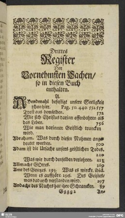 Drittes Register Der Vornehmsten Sachen, so in diesen Buch enthalten