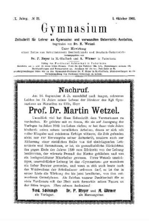 Nachruf : Prof. Dr. Martin Wetzel