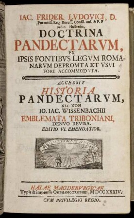 Iac. Frider. Ludovici D. Potentiss. Reg. Boruss. Consil. aul. & P.P. ordin. Hallensis, Doctrina Pandectarum : Ex Ipsis Fontibus Legum Romanarum Depromta Et Usui Fori Accomodata