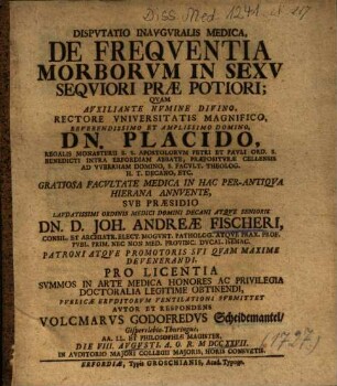 Dispvtatio Inavgvralis Medica, De Freqventia Morborvm In Sexv Seqviori Prae Potiori