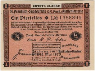 6 Reichsmark / 12 Reichsmark - ¼ Los, 2. Klasse