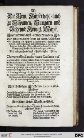 An die Röm. Käyserliche = auch zu Hispanien, Hungarn und Böheimb Königl. Mayst.