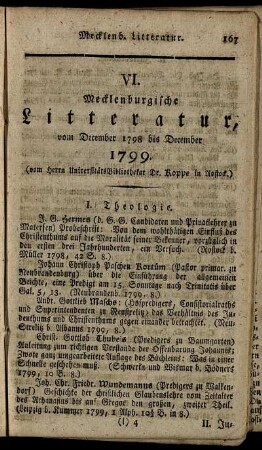 VI. Mecklenburgische Litteratur, vom December 1798 bis December 1799