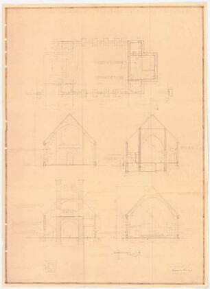 Apostelkirche Gütersloh Wiederaufbau: Fundamentplan, 4 Querschnitte, Treppenaufsicht 1:100, Detail 1:10