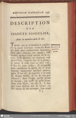 Description D'Un Insecte Singulier, Avec la maniere dont il vit