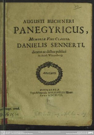 Panegyricus, memoriae viri Danielis Sennerti dicatus