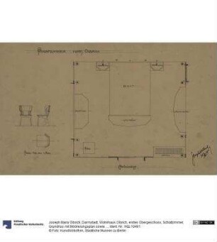 Darmstadt, Wohnhaus Olbrich, erstes Obergeschoss, Schlafzimmer, Grundriss mit Möblierungsplan sowie Grundriss, Aufriss und Seitenansicht eines Stuhls