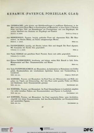 Keramik (Fayence, Porzellan, Glas) (Nr. 209-407)