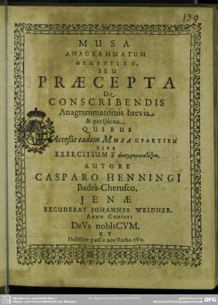 Musa anagrammatum theōrētikē, seu praecepta de conscribendis anagrammatismis brevia