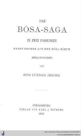 Die Bósa-Saga : in zwei Fassungen nebst Proben aus den Bósa-Rimur
