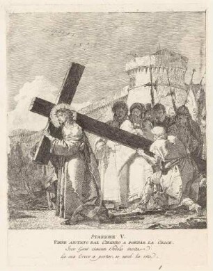 Simon von Cyrene hilft Jesus das Kreuz tragen (5. Station des Kreuzwegs), aus der Folge "Via Crucis"