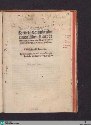 Senece Cordubensis moralissimi Liber de Moribus humane vite : cu[m] epistola Marsilii Ficini de Officiis cuilibet necessaria