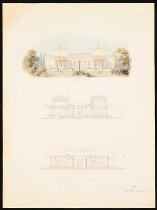 Wohnung eines Architekten Schinkelwettbewerb 1852: Aufriss Gartenansicht (Südseite), Längsschnitt, Querschnitt; Maßstabsleiste
