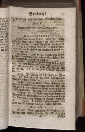 Beilage zum neuen medicinischen Wochenblatt. Nro. I. Sonnabend den 17ten Jenner 1789.
