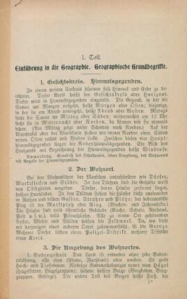 I. Teil. Einführung in die Geographie. Geographische Grundbegriffe