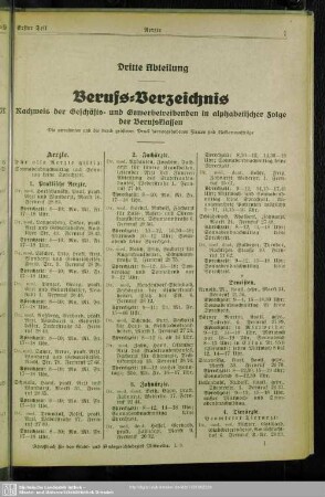 Dritte Abteilung. Berufsklassen und Gewerbebetriebe : Dritte Abteilung. Berufs-Verzeichnis