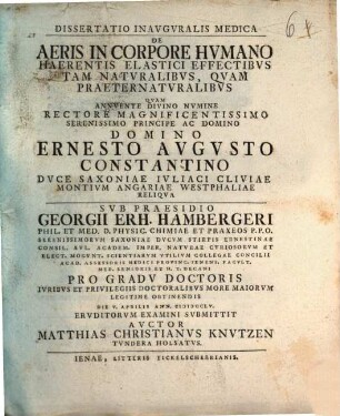 Dissertatio Inavgvralis Medica De Aeris In Corpore Hvmano Haerentis Elastici Effectibvs Tam Natvralibvs, Qvam Praeternatvralibvs