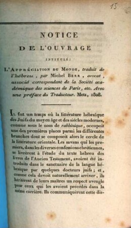 Notice de l'ouvrage intitulé: L'appréciation du monde